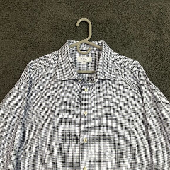 Eton Dress Shirt Mens 19.5 Blue Houndstooth Classic Fit Spread Collar Button Up - Picture 2 of 12